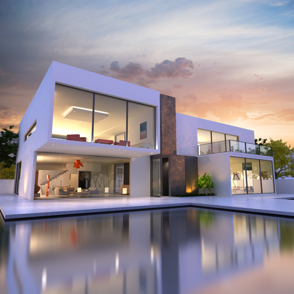 3D rendering of Impressive villa with pool at the end of the day